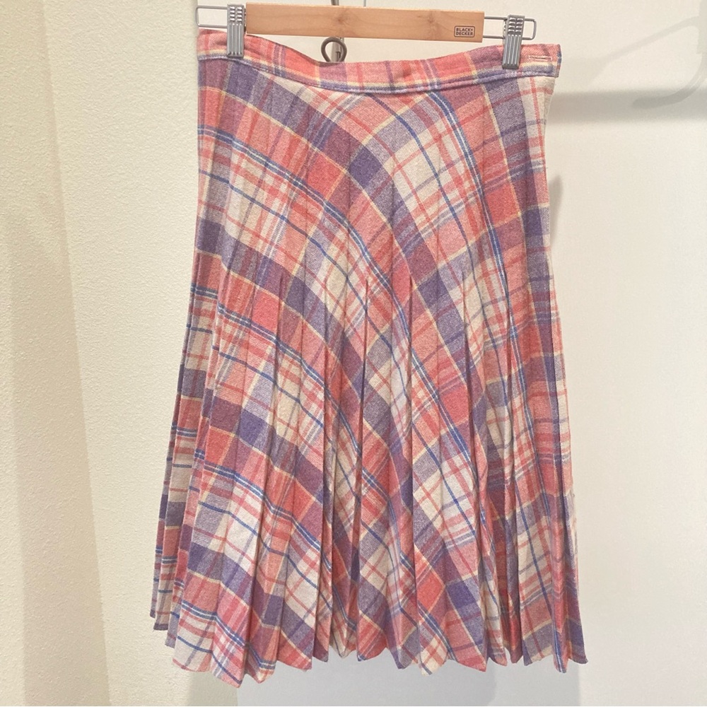Vintage pleated skirt pink purple blue cream plaid wool midi skirt - Picture 10 of 12